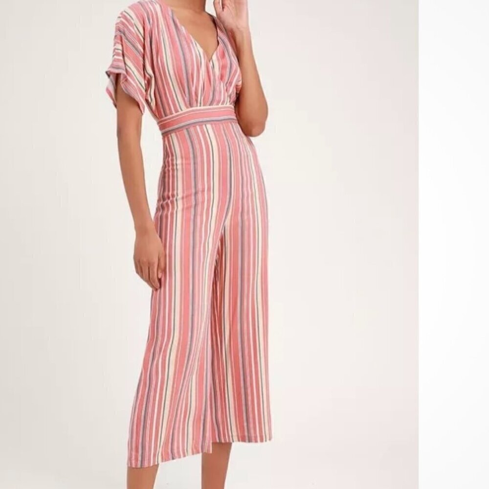 Lulus Vacation Bae Rusty Rose Striped Wide Leg Jumpsuit Women's M NWT